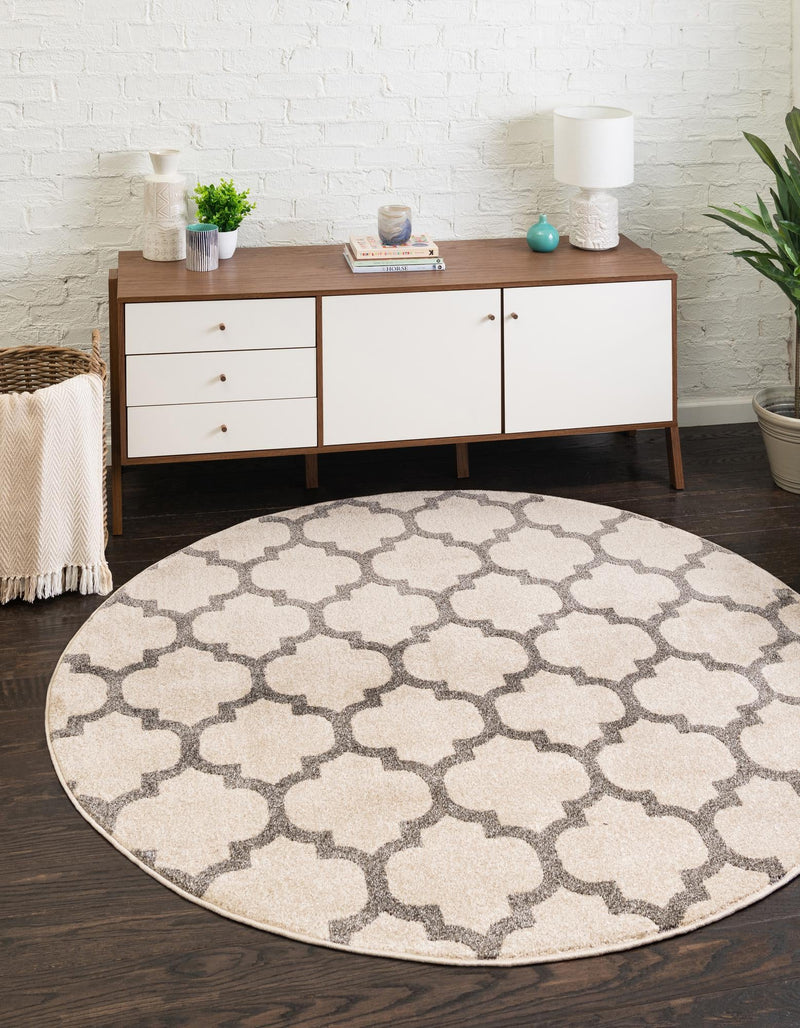 Lattice Gardens Collection Area Rug -  Bloomfield (Beige and Gray) Round Beige and Gray  lifestyle 26