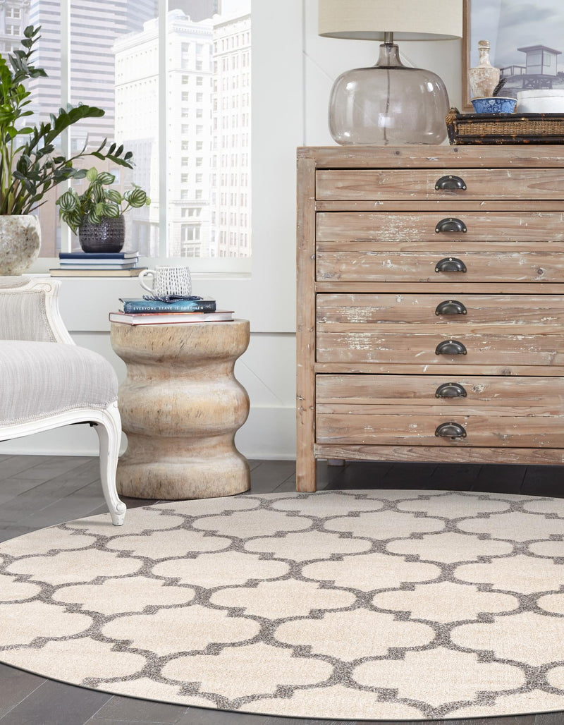 Lattice Gardens Collection Area Rug -  Bloomfield (Beige and Gray) Round Beige and Gray  lifestyle 41