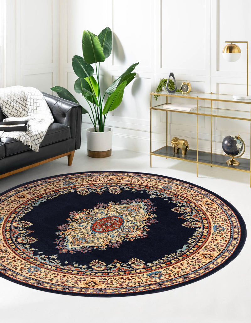 Tabriz Tapestry Collection Area Rug - Azerbaijan (Navy Blue) Round Navy Blue  lifestyle 29