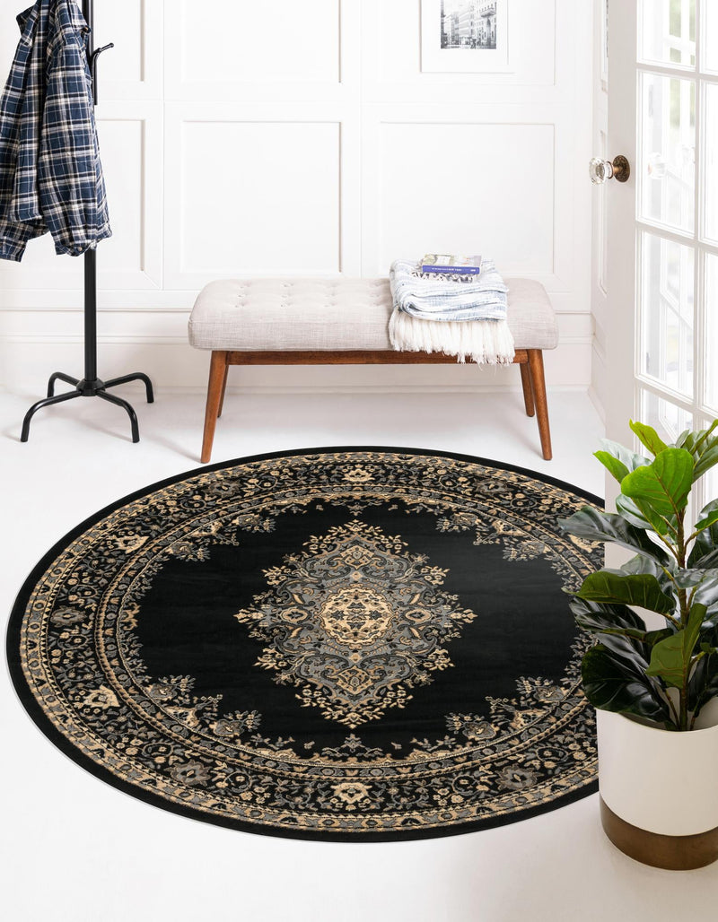 Tabriz Tapestry Collection Area Rug - Azerbaijan (Black) Round Black  lifestyle 23