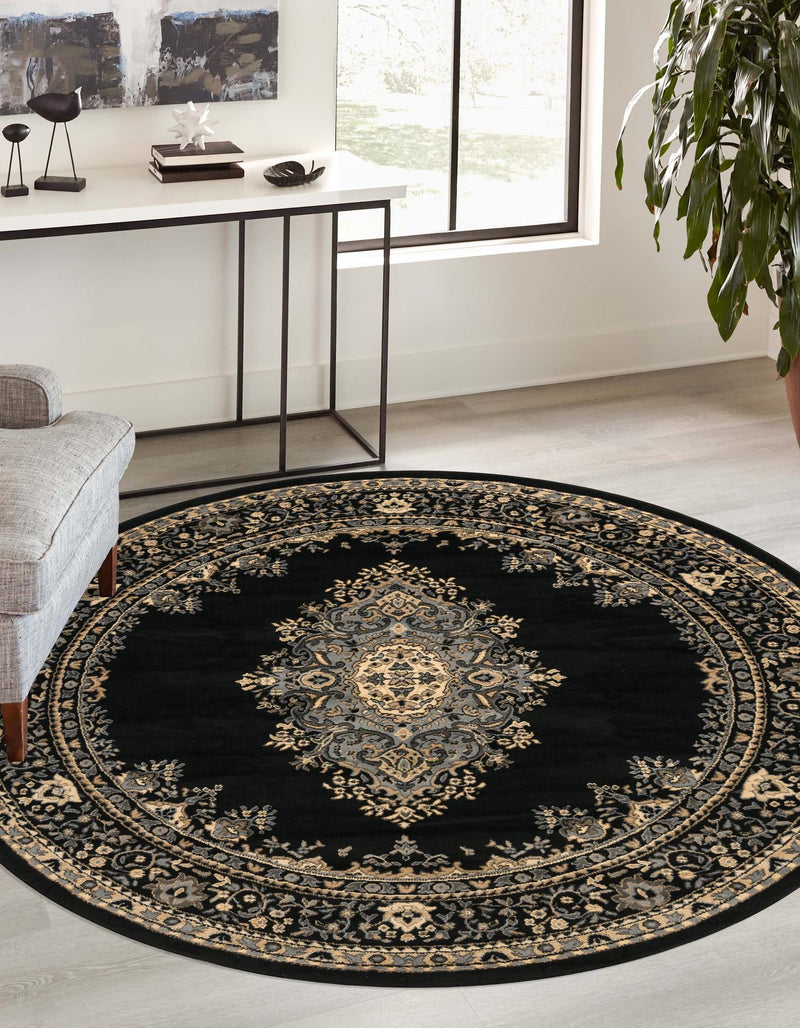 Tabriz Tapestry Collection Area Rug - Azerbaijan (Black) Round Black  lifestyle 33