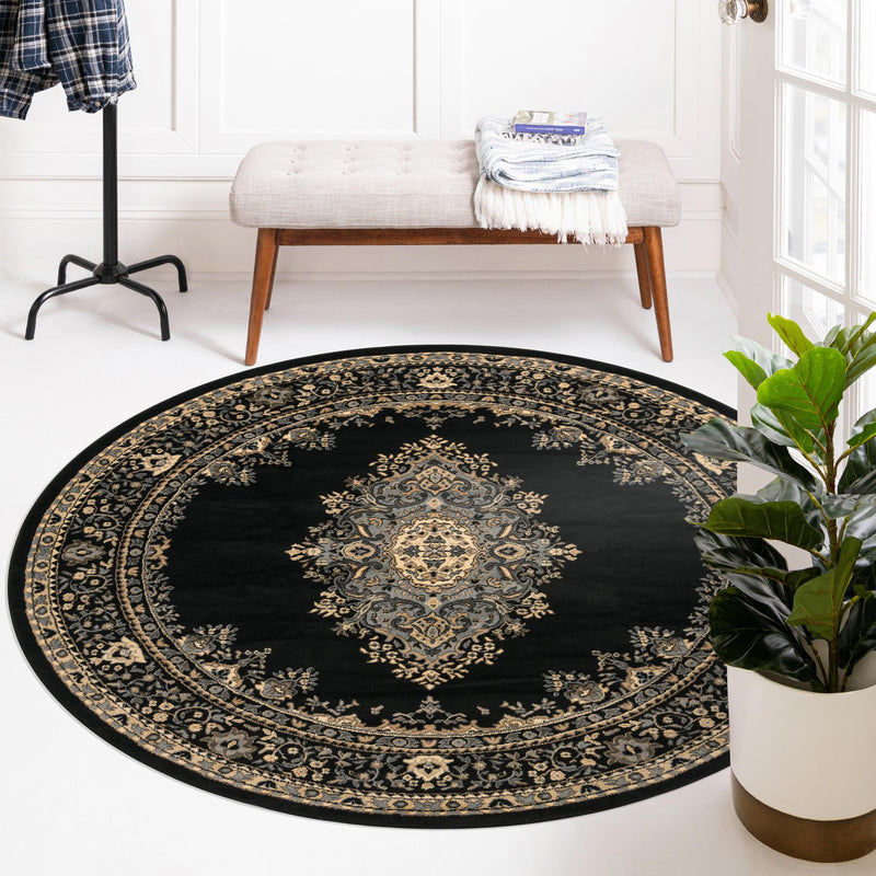 Tabriz Tapestry Collection Area Rug - Azerbaijan (Black) Round Black  lifestyle 82