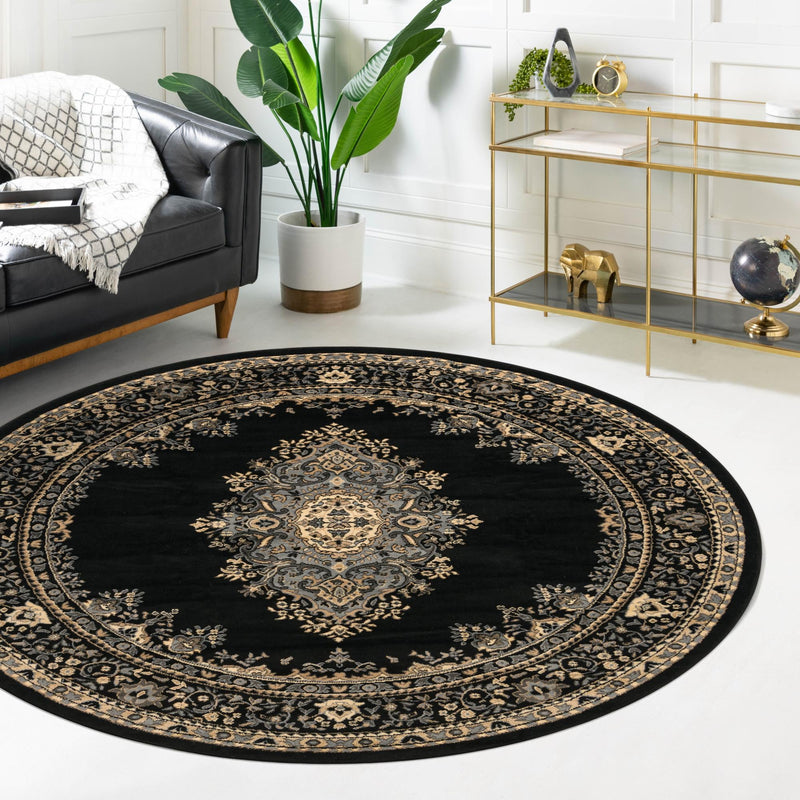 Tabriz Tapestry Collection Area Rug - Azerbaijan (Black) Round Black  lifestyle 86