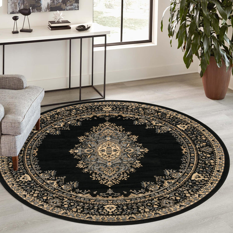 Tabriz Tapestry Collection Area Rug - Azerbaijan (Black) Round Black  lifestyle 89