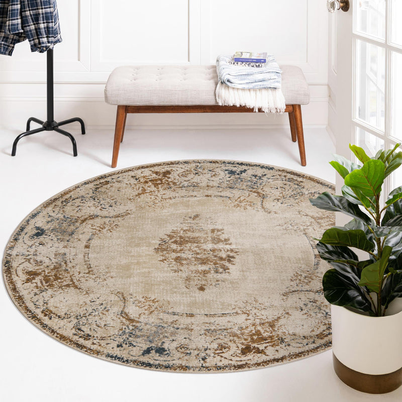 Coastal Manor Collection Area Rug -  Pierpoint Round Blue Cream  lifestyle 54