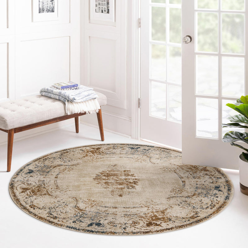 Coastal Manor Collection Area Rug -  Pierpoint Round Blue Cream  lifestyle 55