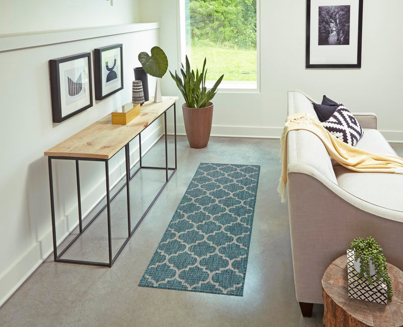 Garden Lattice Oasis Collection Area Rug - Arbor (Teal) Runner Teal  lifestyle 7