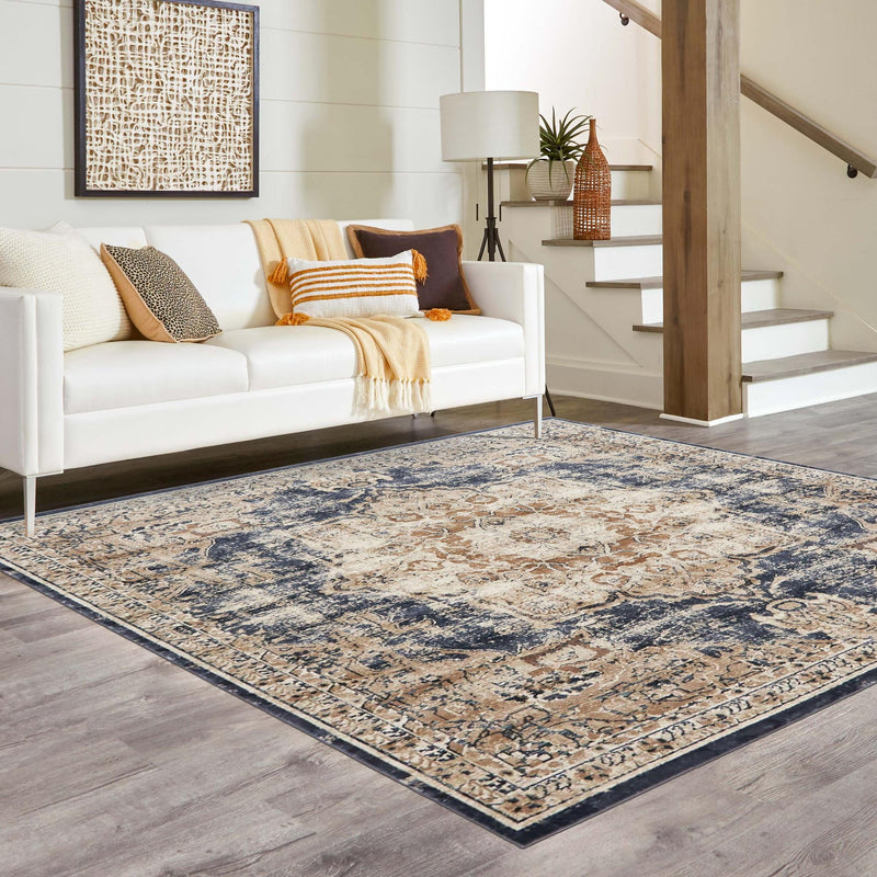 Coastal Manor Collection Area Rug -  Pelican Square Dark Blue  lifestyle 128