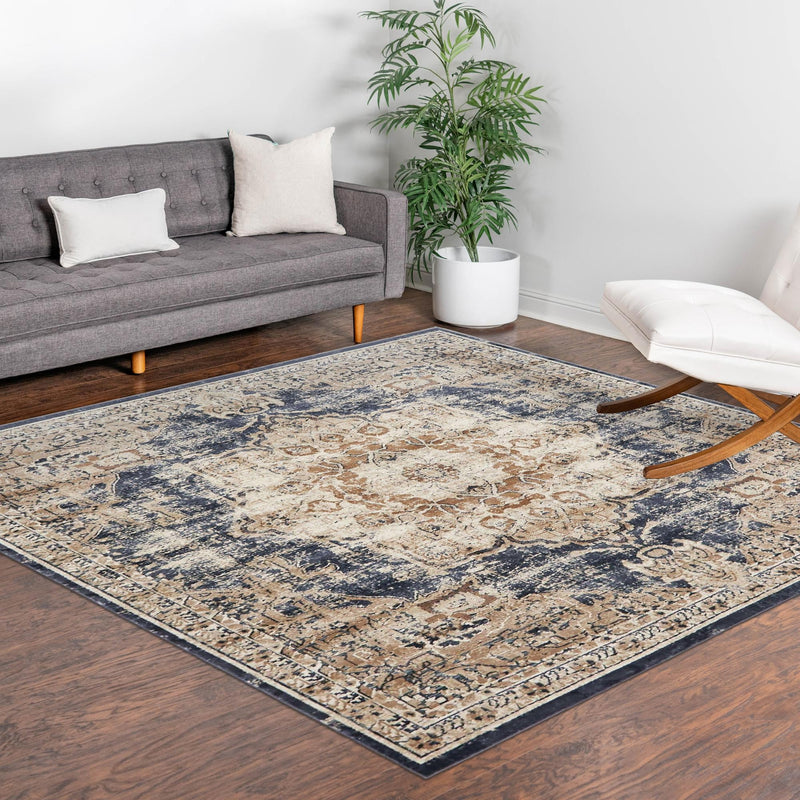 Coastal Manor Collection Area Rug -  Pelican Square Dark Blue  lifestyle 135