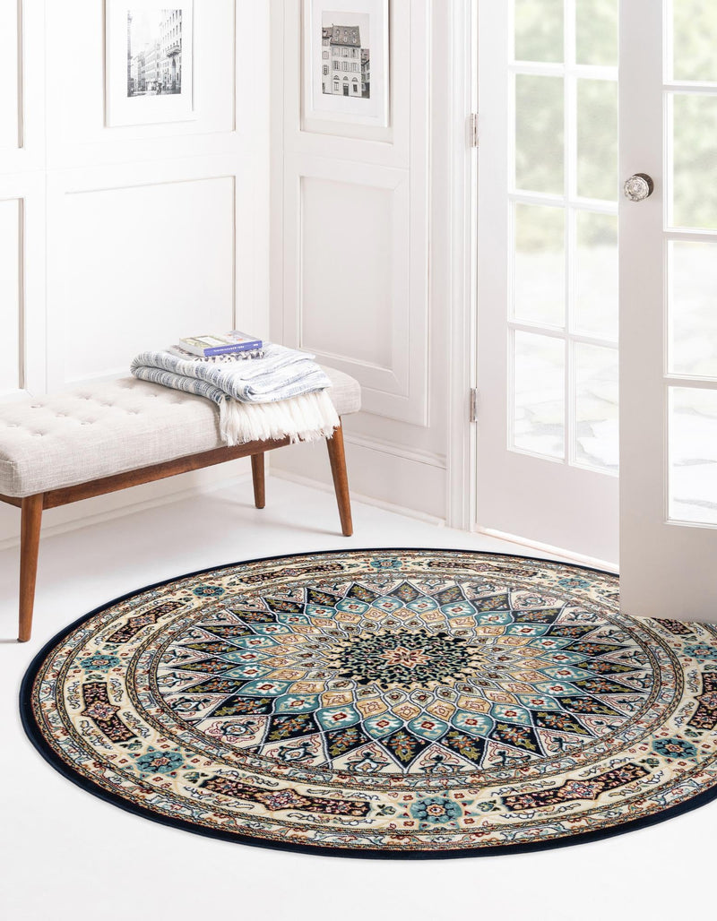 Persian Elegance Collection Area Rug -  Hamedan (Navy Blue) Round Navy Blue  lifestyle 13