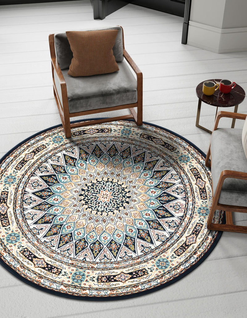 Persian Elegance Collection Area Rug -  Hamedan (Navy Blue) Round Navy Blue  lifestyle 46