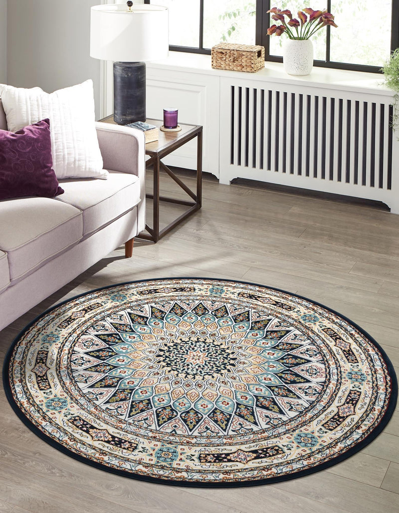 Persian Elegance Collection Area Rug -  Hamedan (Navy Blue) Round Navy Blue  lifestyle 56