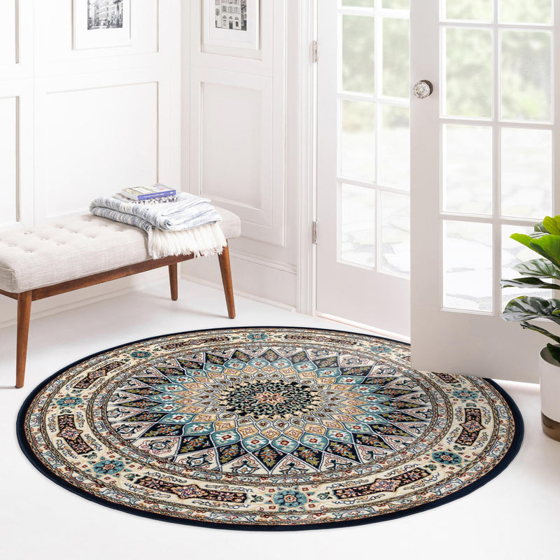 Persian Elegance Collection Area Rug -  Hamedan (Navy Blue) Round Navy Blue  lifestyle 91