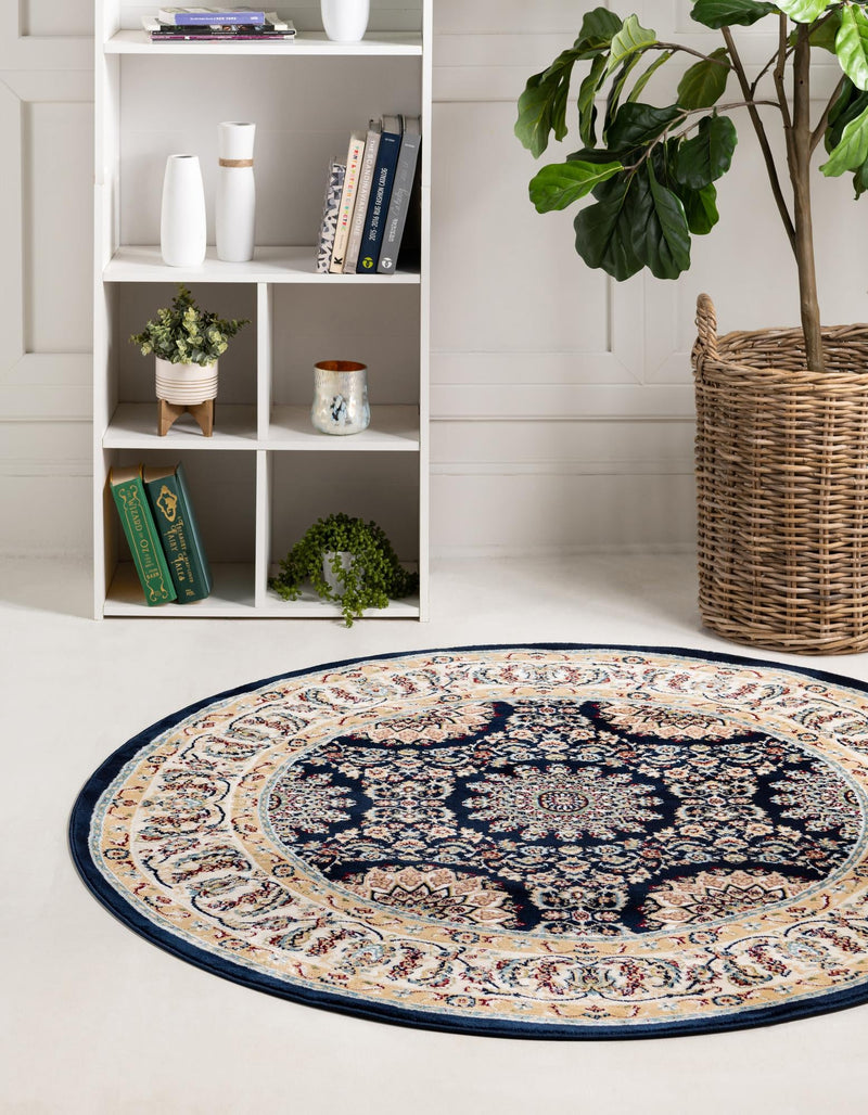 Persian Elegance Collection Area Rug -  Mashhad Round Navy Blue  lifestyle 29