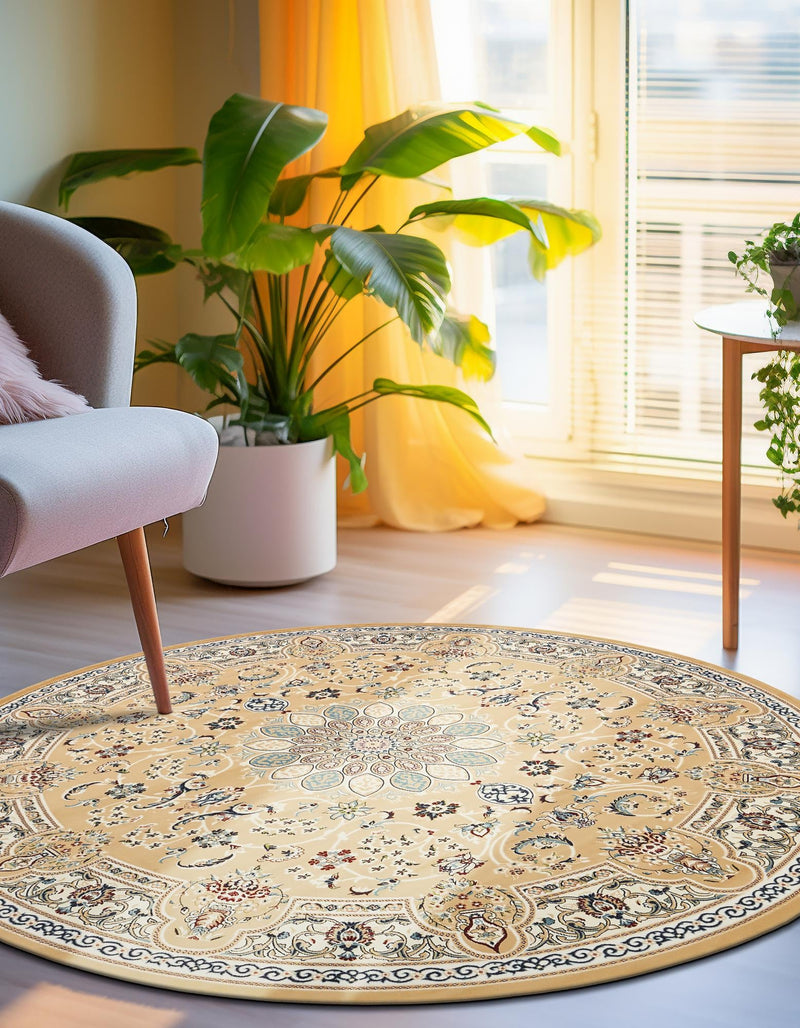 Persian Elegance Collection Area Rug -  Qom Round Beige  lifestyle 125