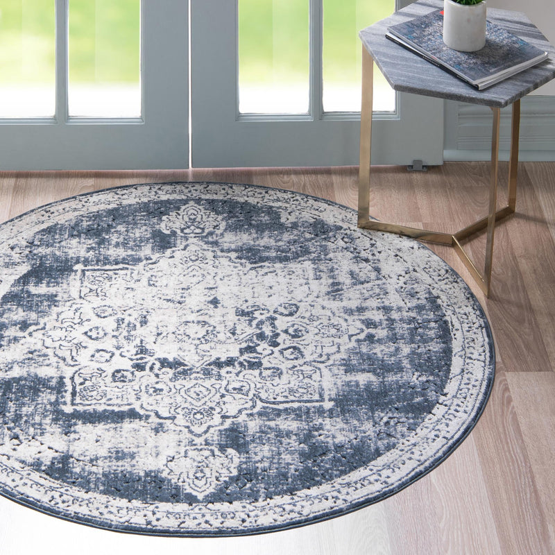 Coastal Manor Collection Area Rug -  Pelican Round Navy Blue  lifestyle 76