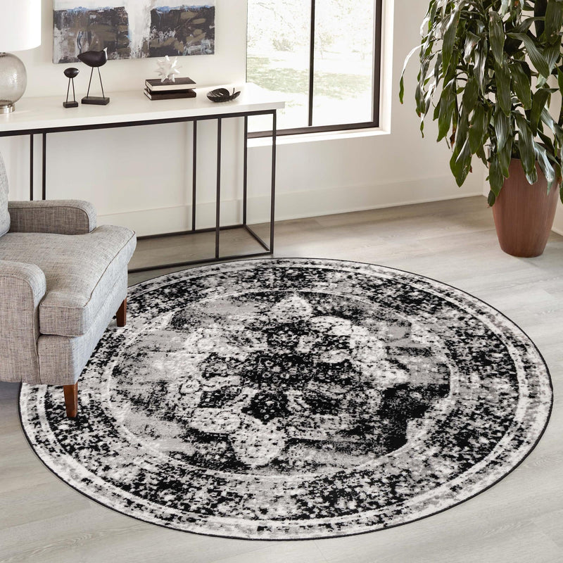 Riviera Elegance Collection Area Rug -  Menton (Black) Round Black  lifestyle 58