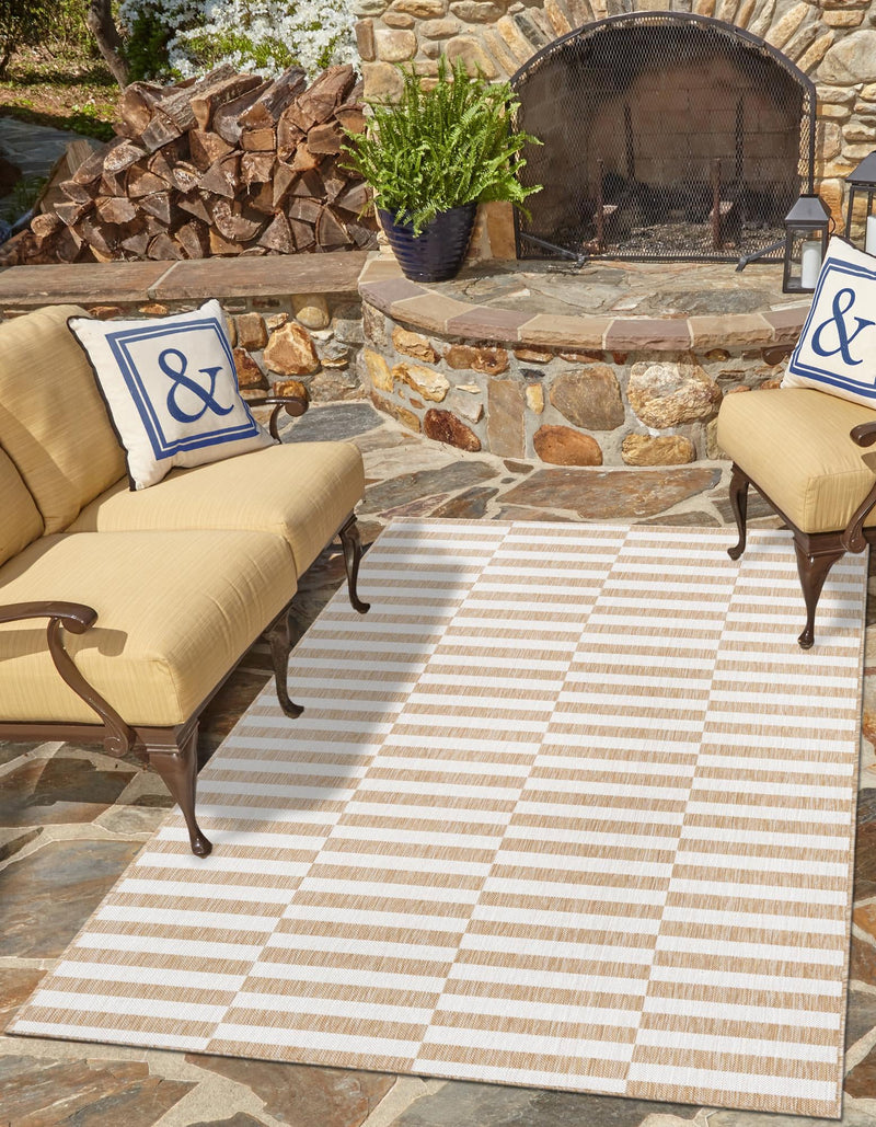 Patio Stripe Harmony Collection Area Rug - Cabana (Taupe) Rectangle Taupe  lifestyle 7