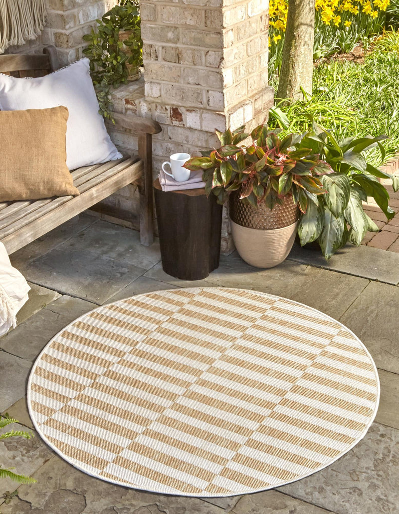 Patio Stripe Harmony Collection Area Rug - Cabana (Taupe) Round Taupe  lifestyle 0