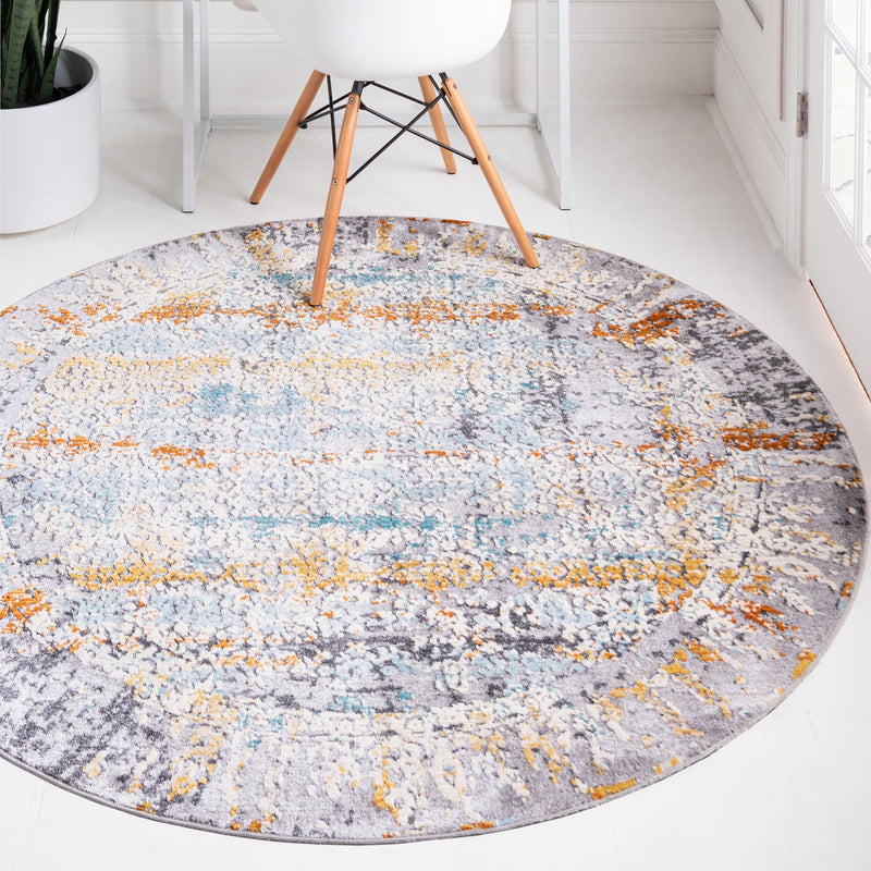 Prague Tapestry Collection Area Rug -  Hradcany Round Gray  lifestyle 24