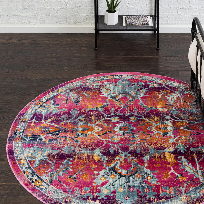 Prague Tapestry Collection Area Rug -  Moravia Round Fuchsia  lifestyle 53