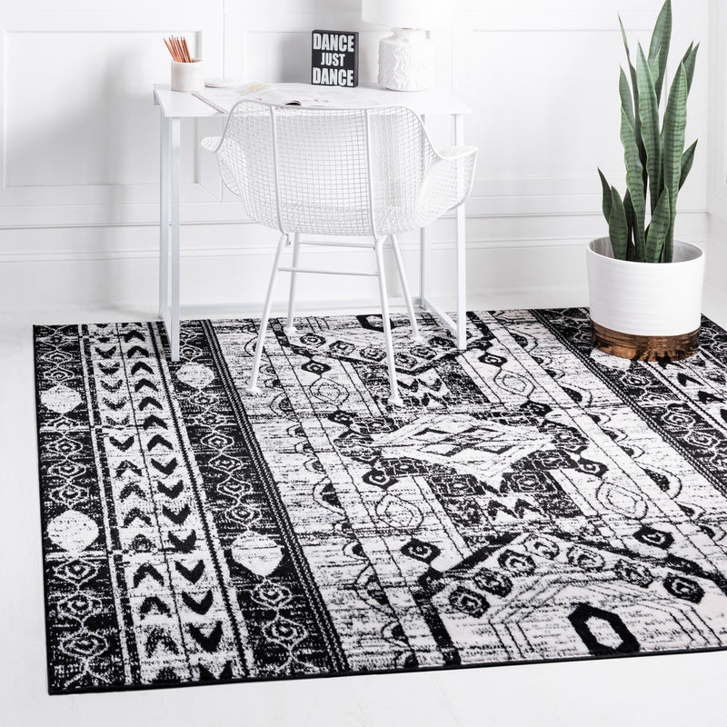 Cascade Range Collection Area Rug -  Rainier Square Black and White  lifestyle 0