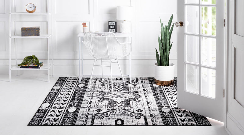 Cascade Range Collection Area Rug -  Rainier Square Black and White  lifestyle 3