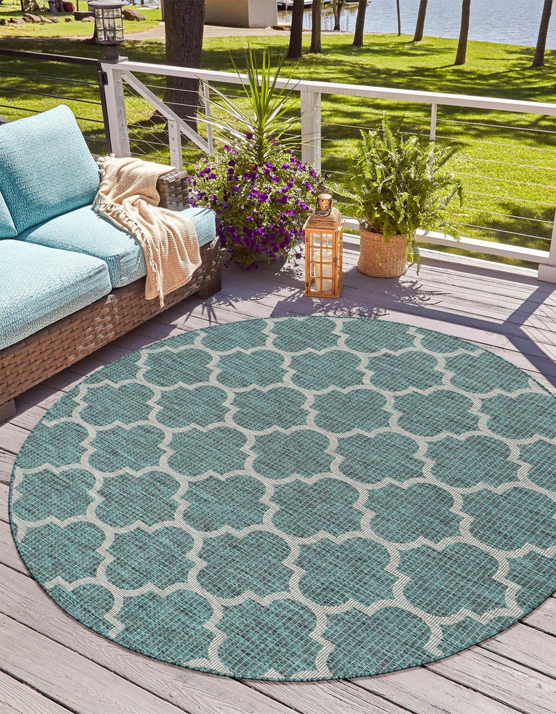 Garden Lattice Oasis Collection Area Rug - Arbor (Teal) Round Teal  lifestyle 37