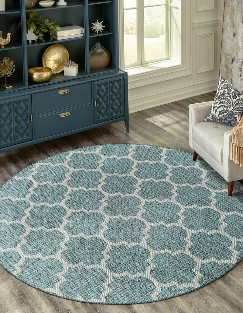 Garden Lattice Oasis Collection Area Rug - Arbor (Teal) Round Teal  lifestyle 40