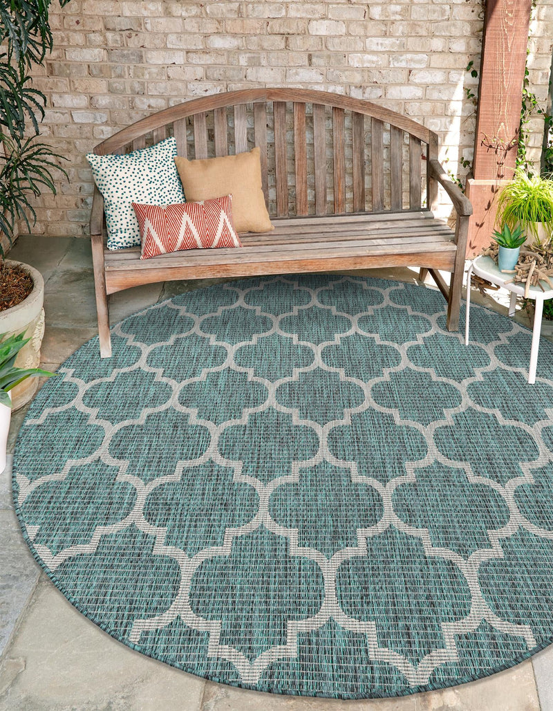 Garden Lattice Oasis Collection Area Rug - Arbor (Teal) Round Teal  lifestyle 49