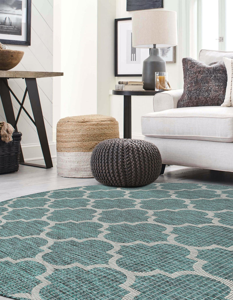 Garden Lattice Oasis Collection Area Rug - Arbor (Teal) Round Teal  lifestyle 52