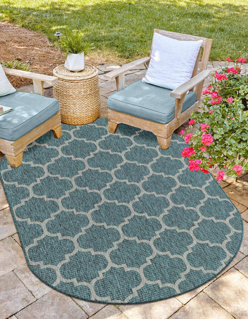 Garden Lattice Oasis Collection Area Rug - Arbor (Teal) Oval Teal  lifestyle 9