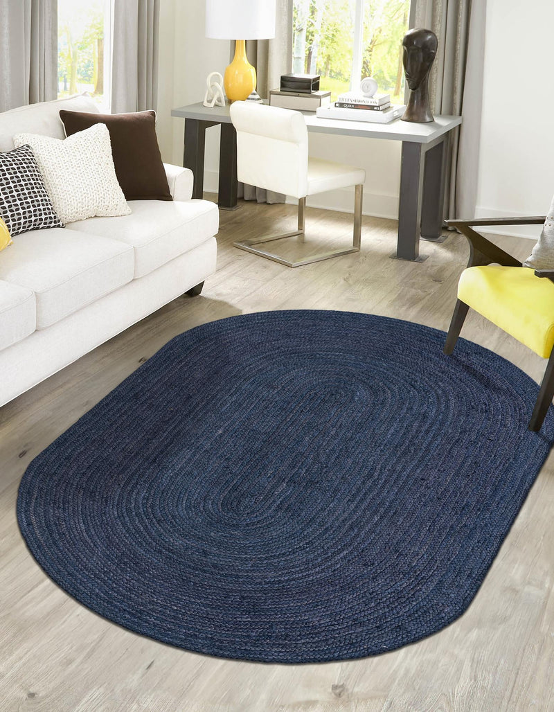 Woven Seaside Jute Collection Area Rug - Savannah (Navy Blue) Oval Navy Blue  lifestyle 41