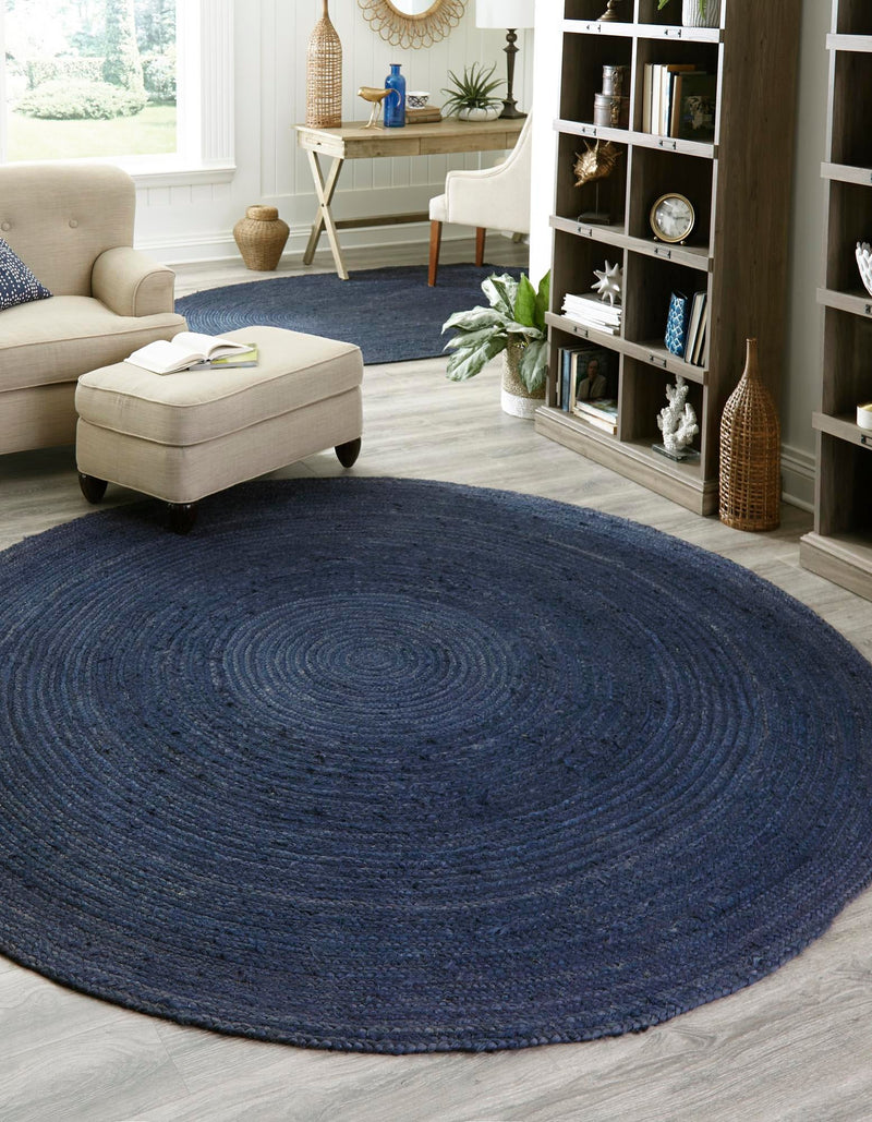 Woven Seaside Jute Collection Area Rug - Savannah (Navy Blue) Round Navy Blue  lifestyle 31