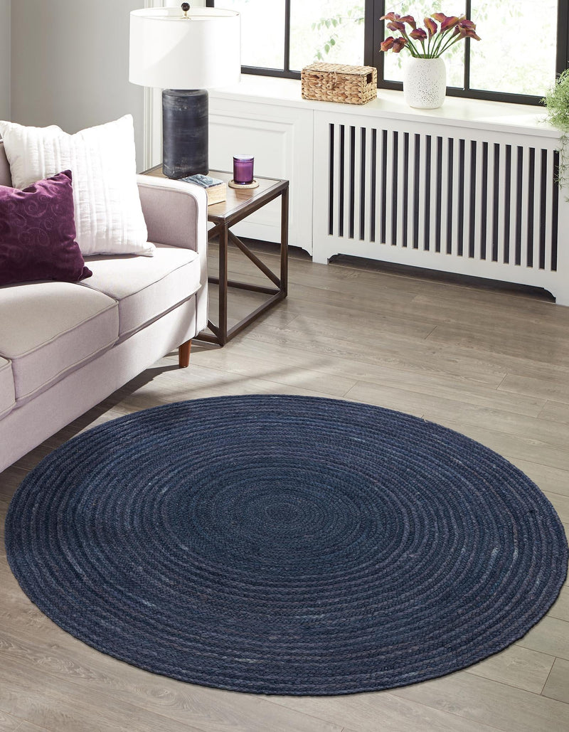 Woven Seaside Jute Collection Area Rug - Savannah (Navy Blue) Round Navy Blue  lifestyle 47