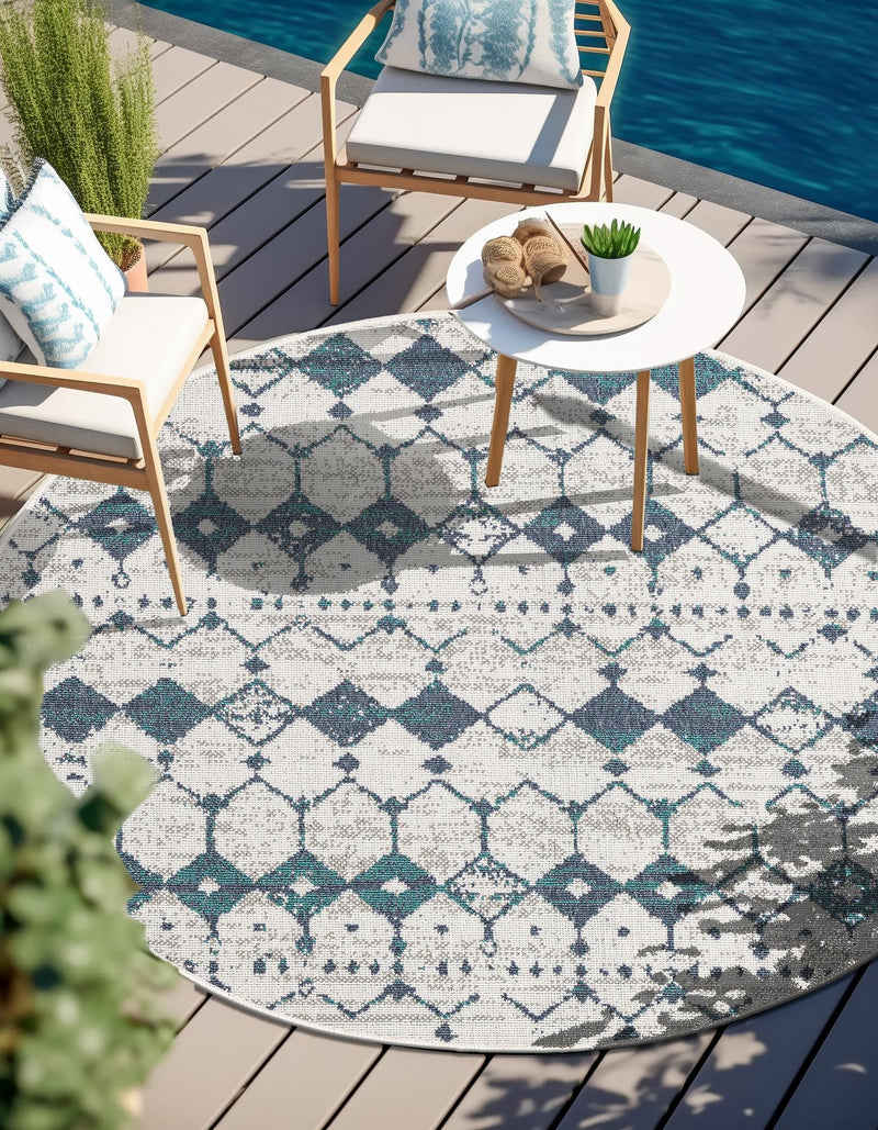 Seaside Lattice Collection Area Rug -  Margate Round Ivory and Blue  lifestyle 183