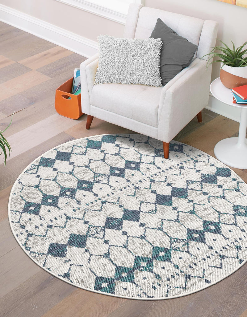 Seaside Lattice Collection Area Rug -  Margate Round Ivory and Blue  lifestyle 201