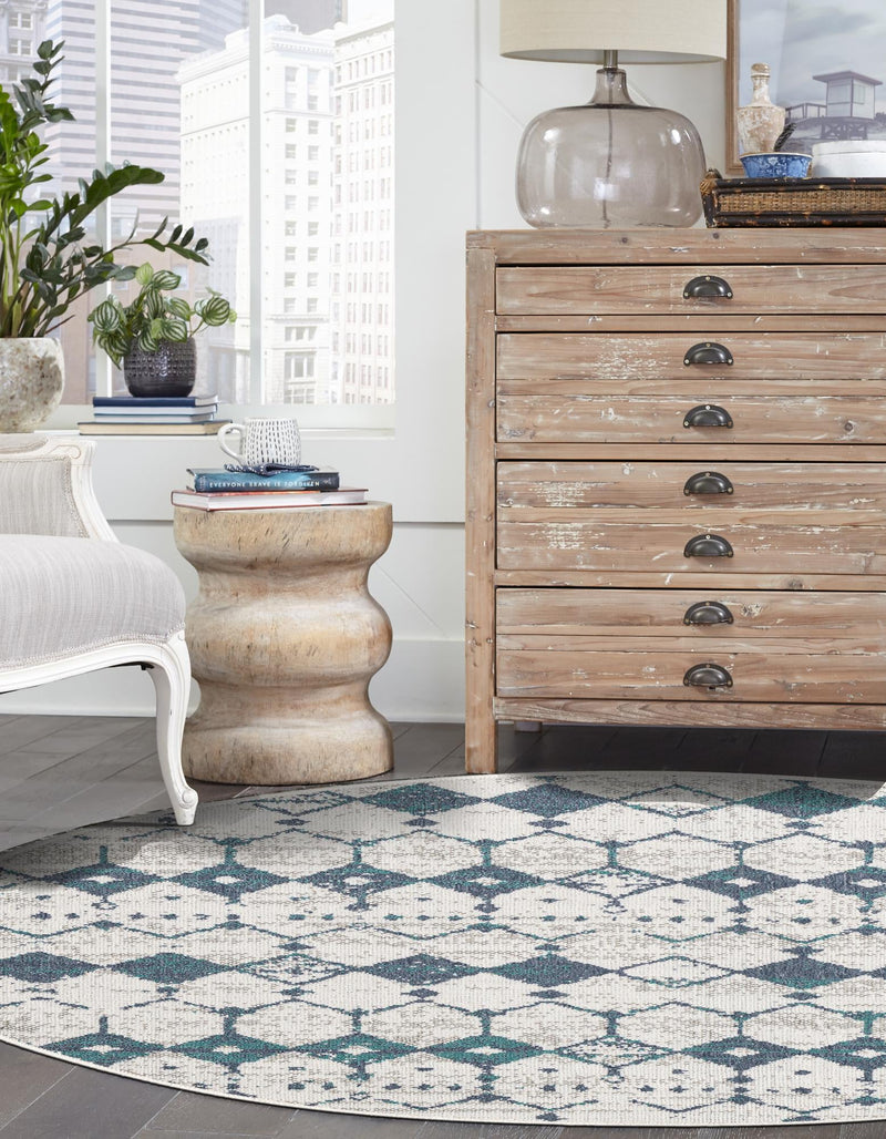 Seaside Lattice Collection Area Rug -  Margate Round Ivory and Blue  lifestyle 237