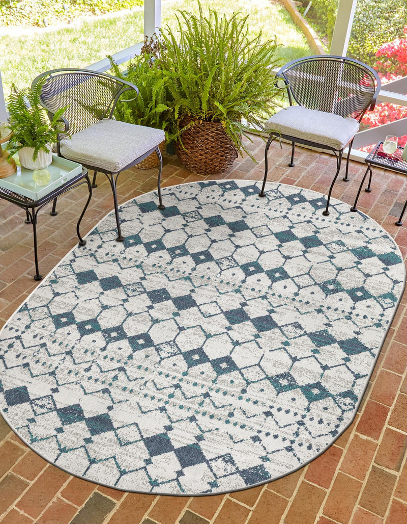 Seaside Lattice Collection Area Rug -  Margate Oval Ivory and Blue  lifestyle 148