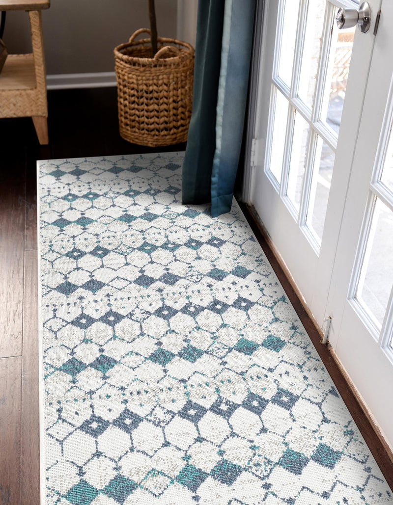 Seaside Lattice Collection Area Rug -  Margate Runner Ivory and Blue  lifestyle 239