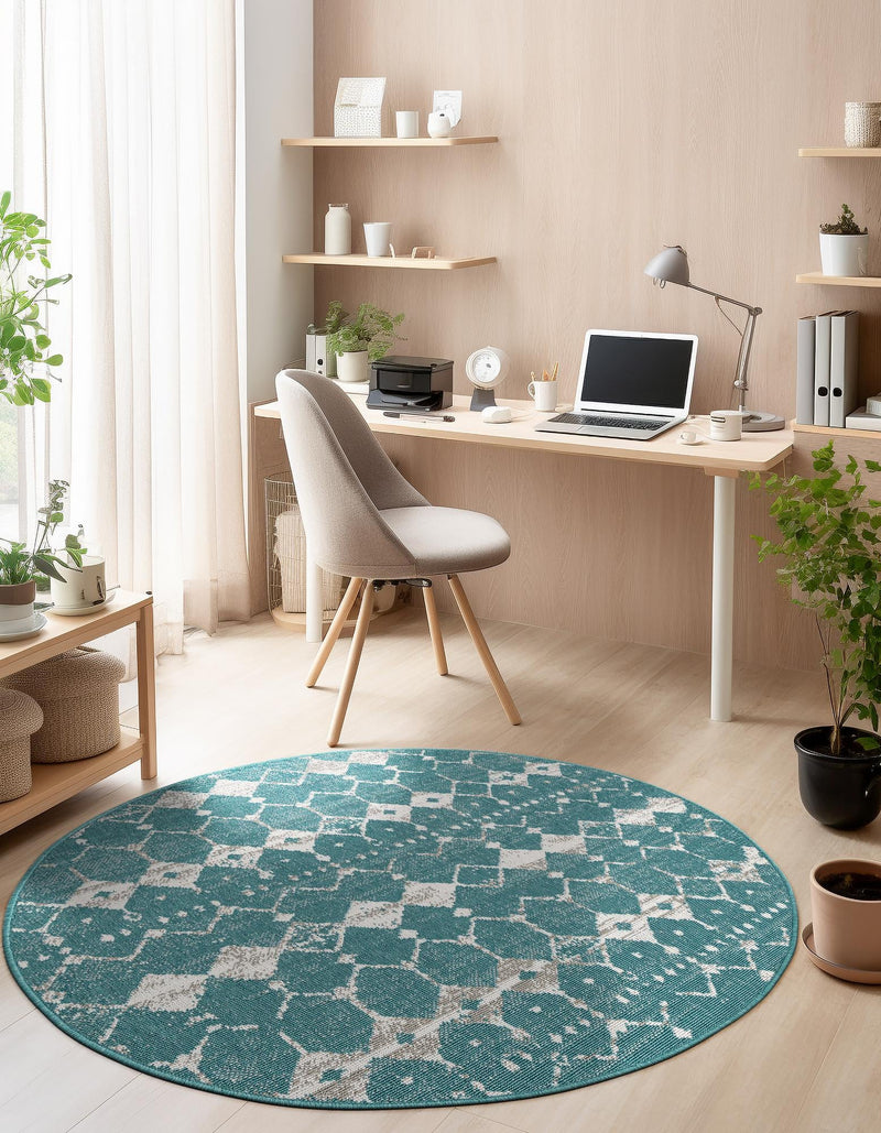 Seaside Lattice Collection Area Rug -  Margate Round Teal  lifestyle 204