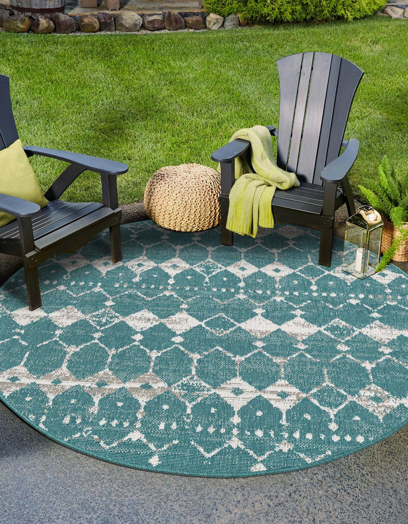 Seaside Lattice Collection Area Rug -  Margate Round Teal  lifestyle 222