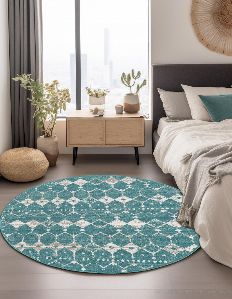 Seaside Lattice Collection Area Rug -  Margate Round Teal  lifestyle 240