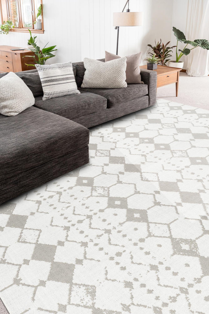 Seaside Lattice Collection Area Rug -  Margate Rectangle Ivory and Gray  lifestyle 60