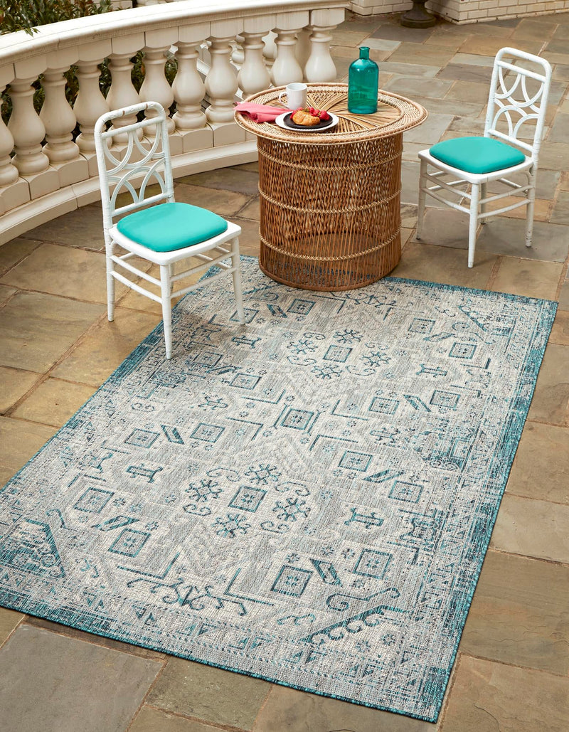 Tribal Terrace Treasures Collection Area Rug - Mayan Marina (Teal) Rectangle Teal  lifestyle 0