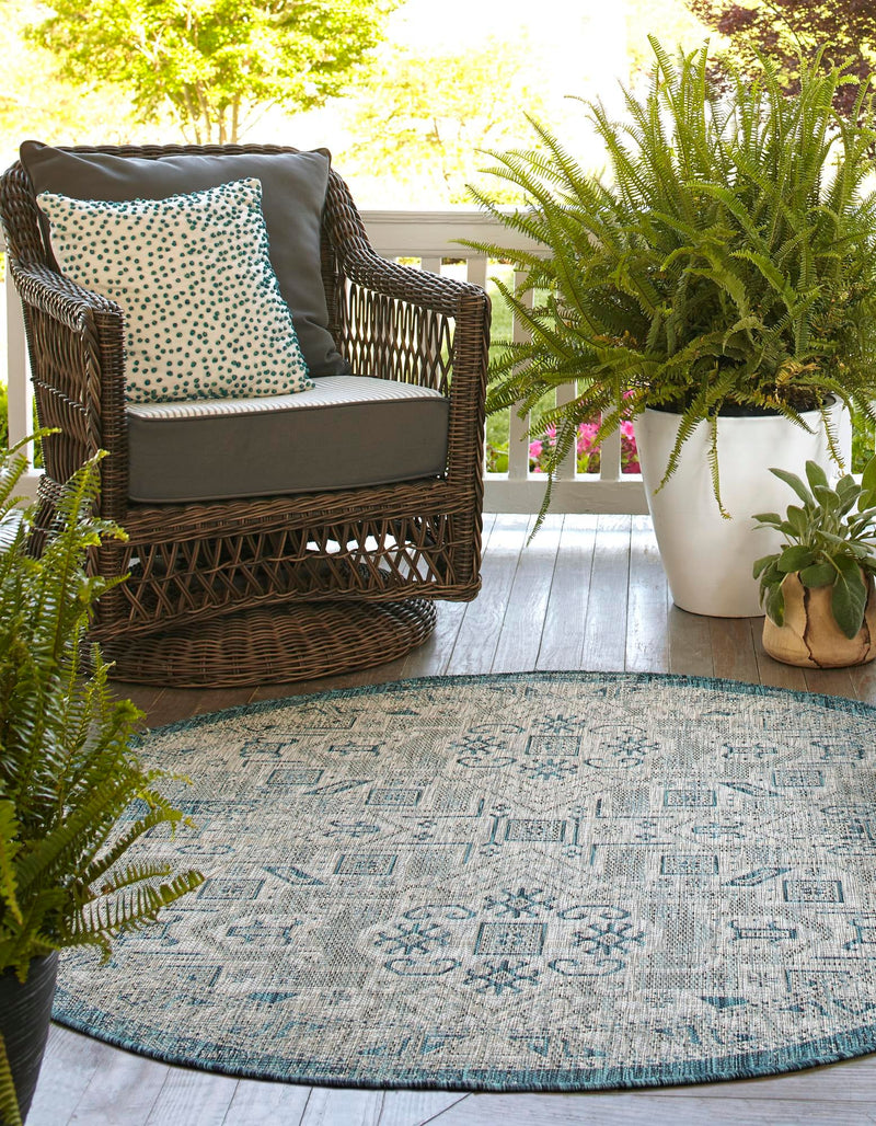 Tribal Terrace Treasures Collection Area Rug - Mayan Marina (Teal) Round Teal  lifestyle 2