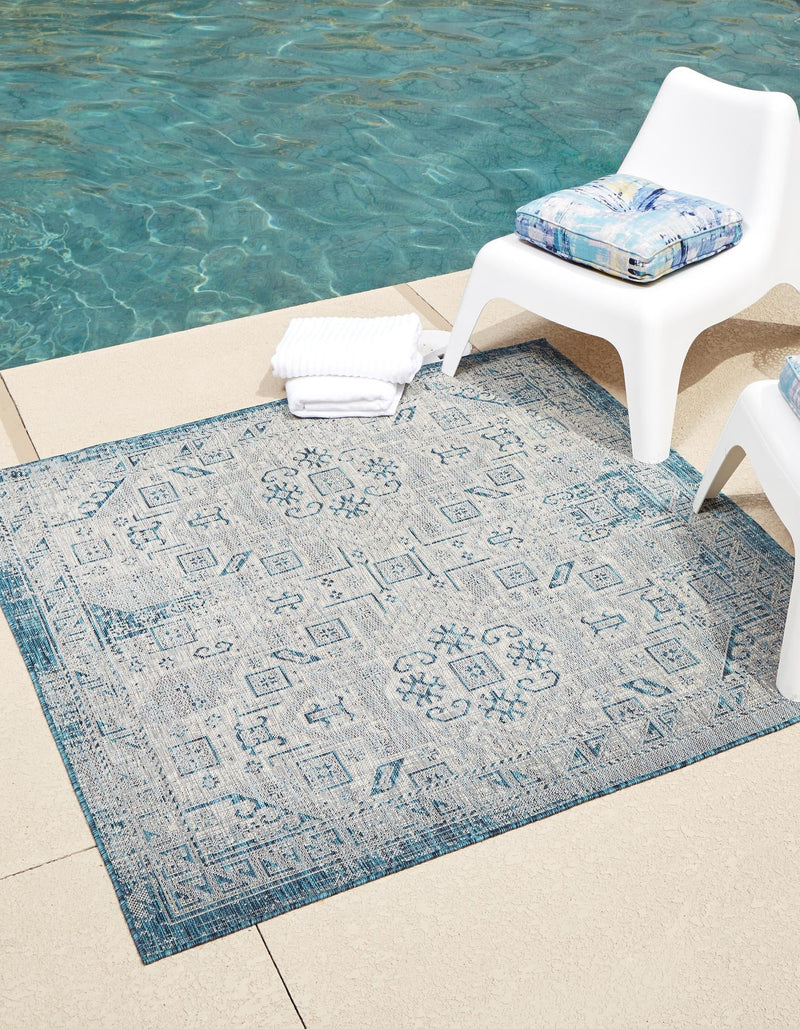 Tribal Terrace Treasures Collection Area Rug - Mayan Marina (Teal) Square Teal  lifestyle 0