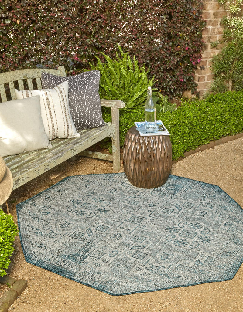 Tribal Terrace Treasures Collection Area Rug - Mayan Marina (Teal) Octagon Teal  lifestyle 0