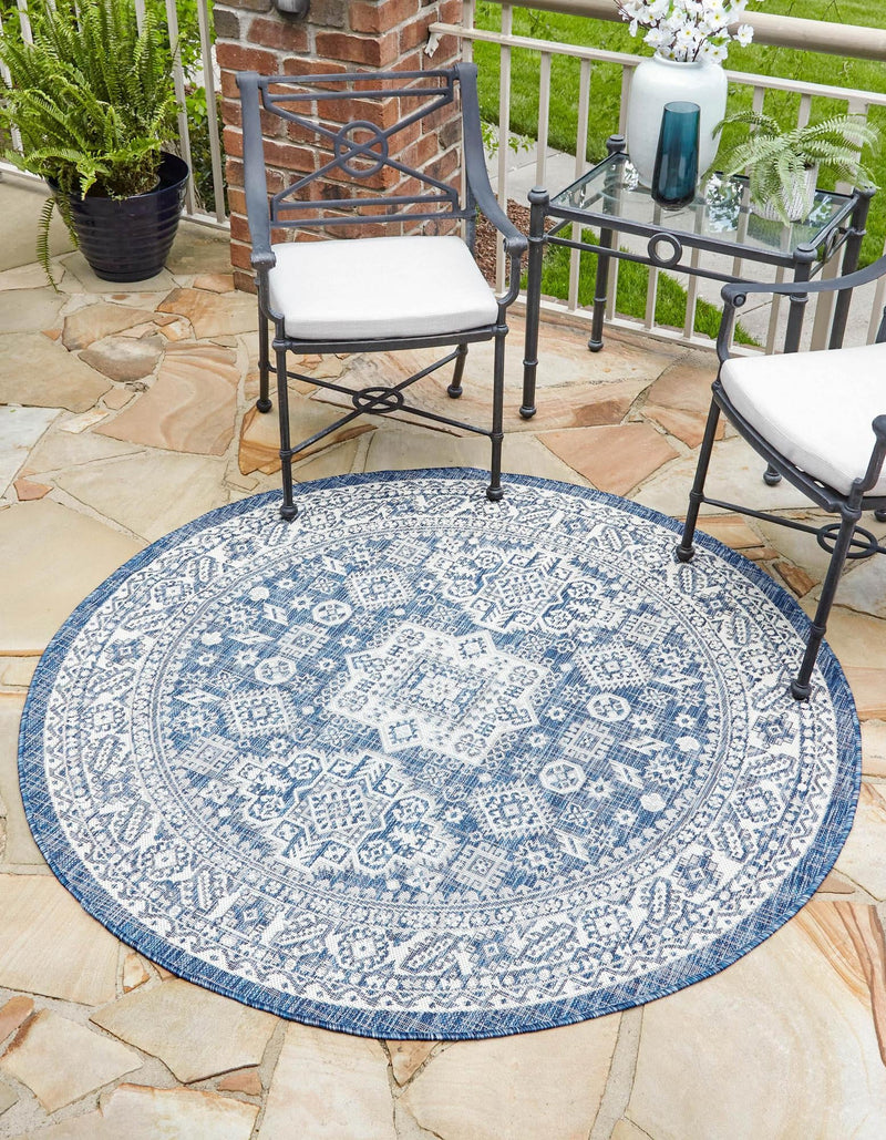 Tribal Terrace Treasures Collection Area Rug -  Incan Isle (Blue) Round Blue  lifestyle 0