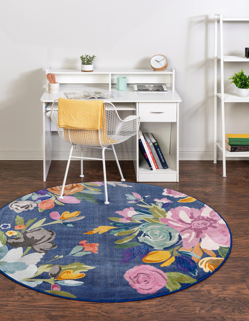 Meadow Breeze Collection Area Rug - Wildflower Round Blue  lifestyle 30